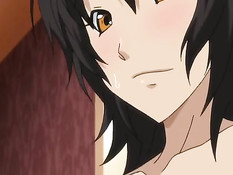 Возбуждённая хентай брюнеточка трахается с приятелем на кровати