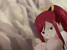 Рыжая хентай красотка сосёт большой хуй и садится на него сверху