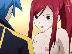 Рыжая хентай красотка сосёт большой хуй и садится на него сверху