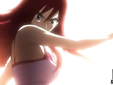 Рыжая хентай красотка сосёт большой хуй и садится на него сверху