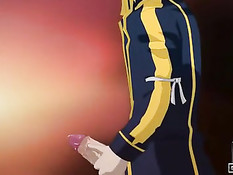 Рыжая хентай красотка сосёт большой хуй и садится на него сверху