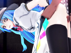 Аниме девушку в шляпе с голубыми волосами отодрали в позе раком