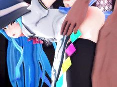 Аниме девушку в шляпе с голубыми волосами отодрали в позе раком