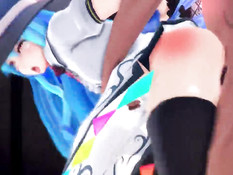 Аниме девушку в шляпе с голубыми волосами отодрали в позе раком