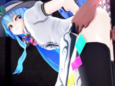 Аниме девушку в шляпе с голубыми волосами отодрали в позе раком