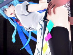 Аниме девушку в шляпе с голубыми волосами отодрали в позе раком