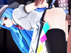 Аниме девушку в шляпе с голубыми волосами отодрали в позе раком