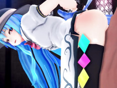 Аниме девушку в шляпе с голубыми волосами отодрали в позе раком