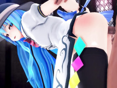 Аниме девушку в шляпе с голубыми волосами отодрали в позе раком