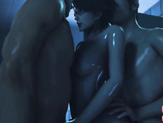 Мокрая 3D девушка в очках занимается сексом с двумя мужчинами