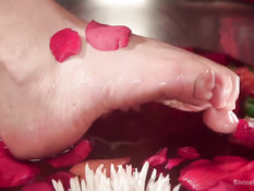 Покорный раб лижет ноги и клитор беременной госпоже с татуировками