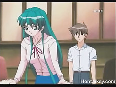 Красивая аниме подруга с зелёными волосами сосёт член в позе 69