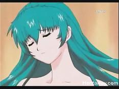 Красивая аниме подруга с зелёными волосами сосёт член в позе 69