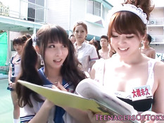 Развратные японские девки в сексуальных нарядах затрахали парня