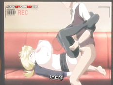 Сисястая хентай блондинка дрочит член своей грудью и сквиртует