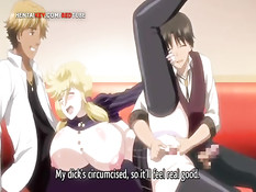 Сисястая хентай блондинка дрочит член своей грудью и сквиртует