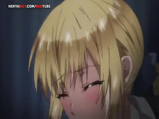 Красивая хентай блондинка с большой грудью трогает член парня