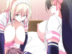 Две сиськастые хентай красавицы затрахали паренька на кровати