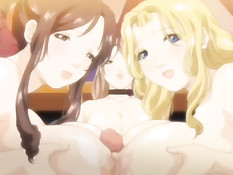 Очкарик занимается любовью с тремя грудастыми хентай подругами