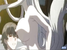 Возбуждённая аниме волчица с большой грудью прыгает на члене