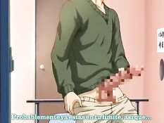 Сиськастая аниме брюнетка отсасывает член сидящему на стуле парню