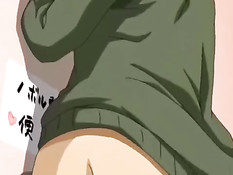 Сиськастая аниме брюнетка отсасывает член сидящему на стуле парню