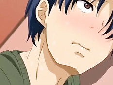 Сиськастая аниме брюнетка отсасывает член сидящему на стуле парню