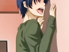 Сиськастая аниме брюнетка отсасывает член сидящему на стуле парню