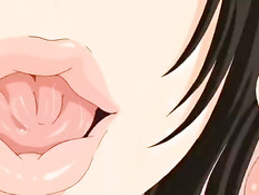 Сиськастая аниме брюнетка отсасывает член сидящему на стуле парню