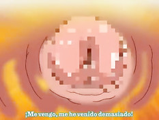 Сиськастая аниме брюнетка отсасывает член сидящему на стуле парню