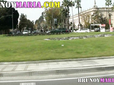 Блондинка сосала парню член в конном экипаже и ебалась раком в парке