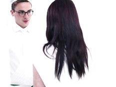 Девчонка мастурбирует свою бритую письку и дрочит член у очкарика