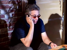 Busty lady in red gets double black service