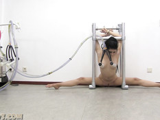 Молодая сиськастая гимнастка с тёмными волосами привязана и подоена