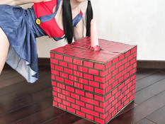 Задорная русская брюнетка с хвостиками трахает себя длинным фаллосом