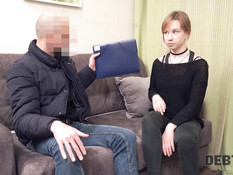 Лысый коллектор выследил и оттрахал в киску молодую русскую шатенку