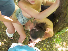 Две молодые пары занимались свинг сексом возле дороги среди деревьев