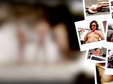 Двое мужиков по очереди трахают на траве молодую сексуальную шатенку